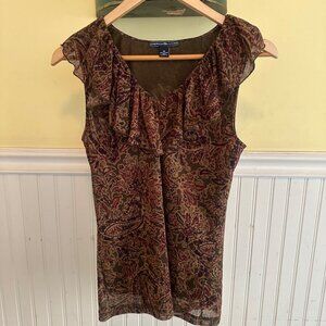 American Living Womens Sleeveless Floral Ruffle Top M Brown & Burgundy Polyester